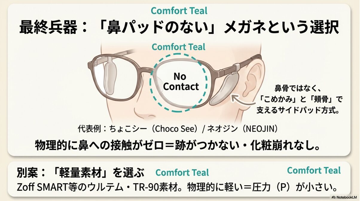 メガネ 鼻に跡がつかない方法 ティッシュ 根本解決なら鼻パッドなしの眼鏡フレームを選ぶ