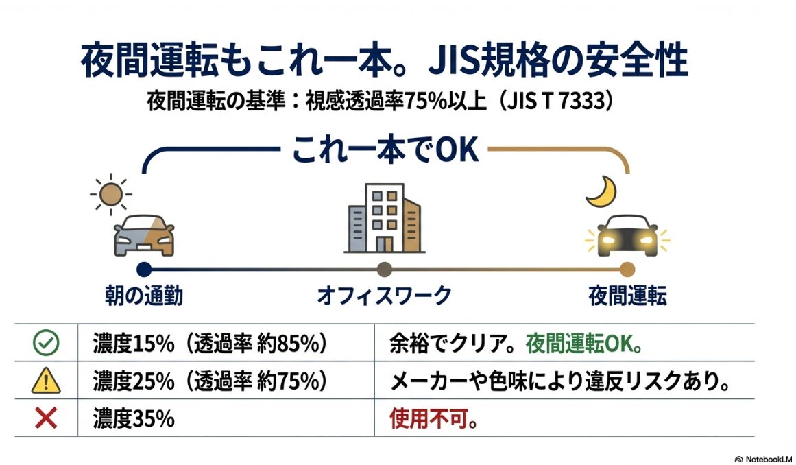 カラーレンズ 度入り 濃度15 ビジネス 夜間運転も可能な透過率と安全性の基準