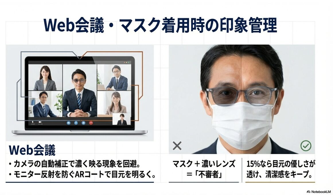 カラーレンズ 度入り 濃度15 ビジネス Web会議やマスク着用時でも好印象な理由