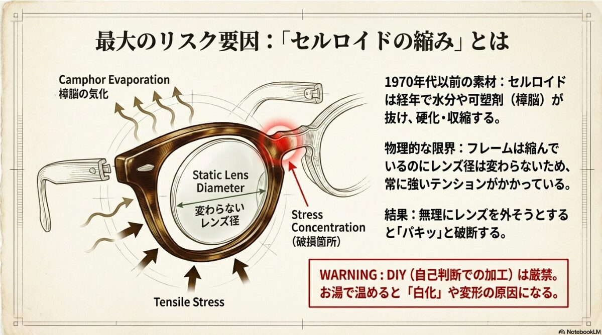 アメリカンオプティカル レンズ交換　セルロイド生地の縮みによる破損リスク　