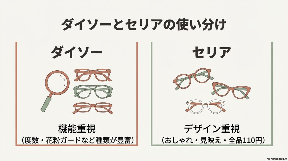 伊達メガネ セリア　ダイソーの眼鏡と比較した違い