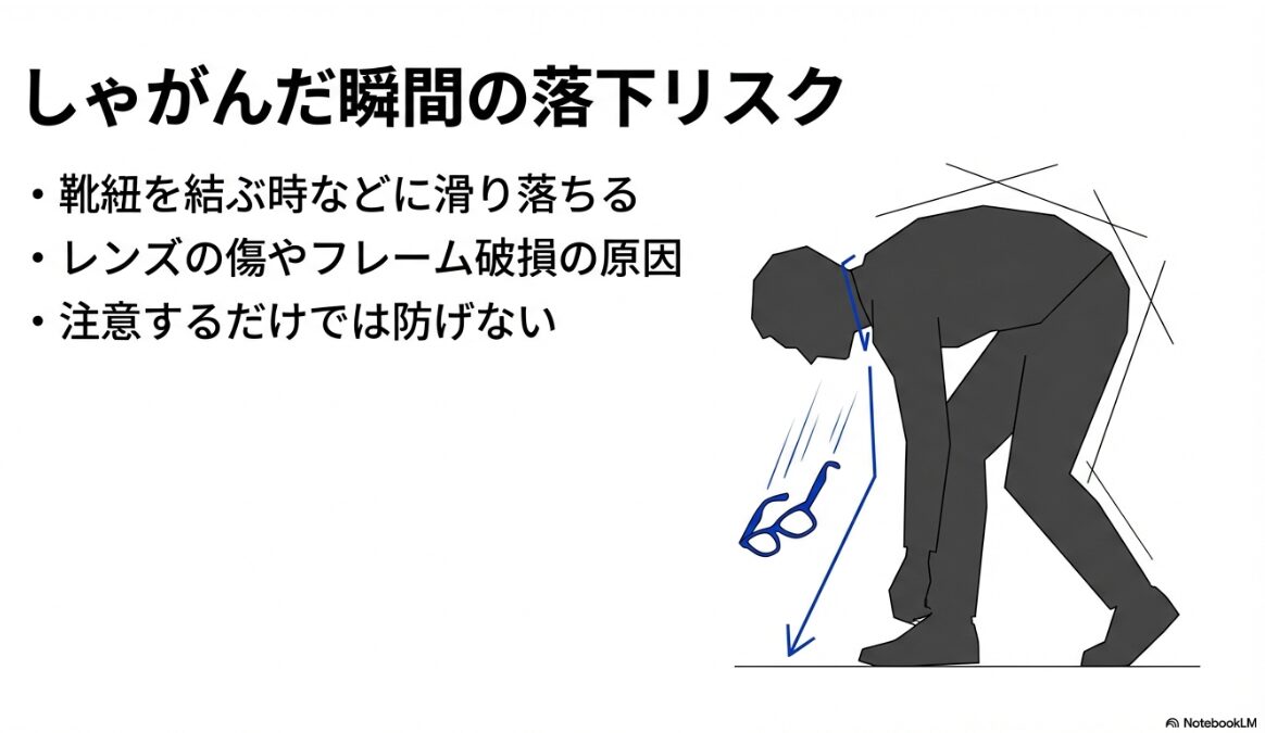 サングラス 胸にかけるしゃがんだ際に落とすリスクと予防法