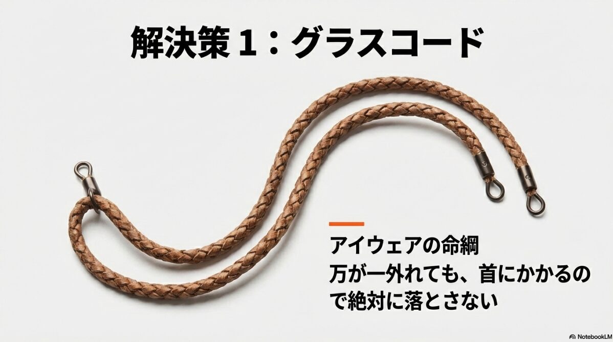 サングラス 後ろにかける　グラスコードによる安全な首掛け対策