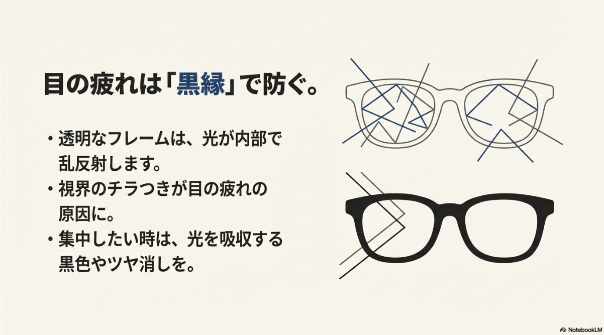伊達メガネ ダイソー　視界のチラつきを防ぐ黒縁の利点