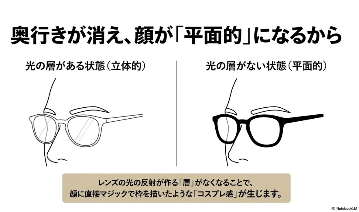 伊達メガネ レンズなし ダサい 光の反射がもたらす奥行きの喪失