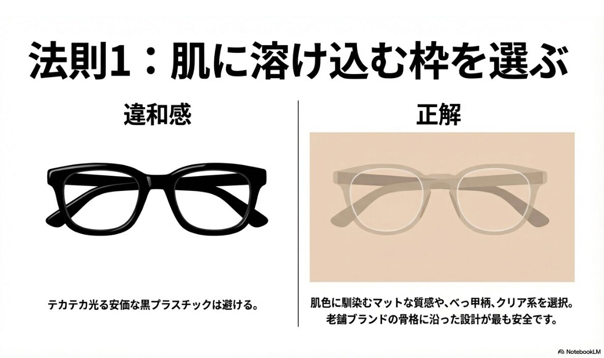 伊達メガネ レンズなし ダサい 肌との境界線を曖昧にする色彩と質感のコントロール