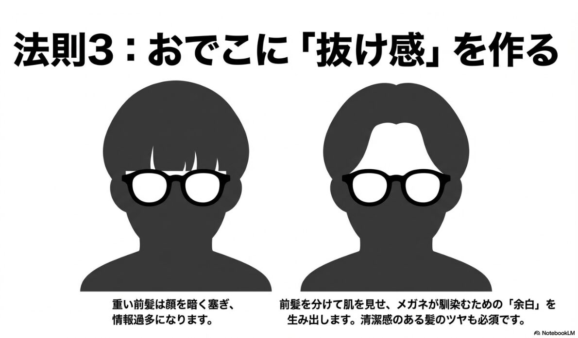 伊達メガネ レンズなし ダサい 額周辺の「抜け感」の創出が絶対条件