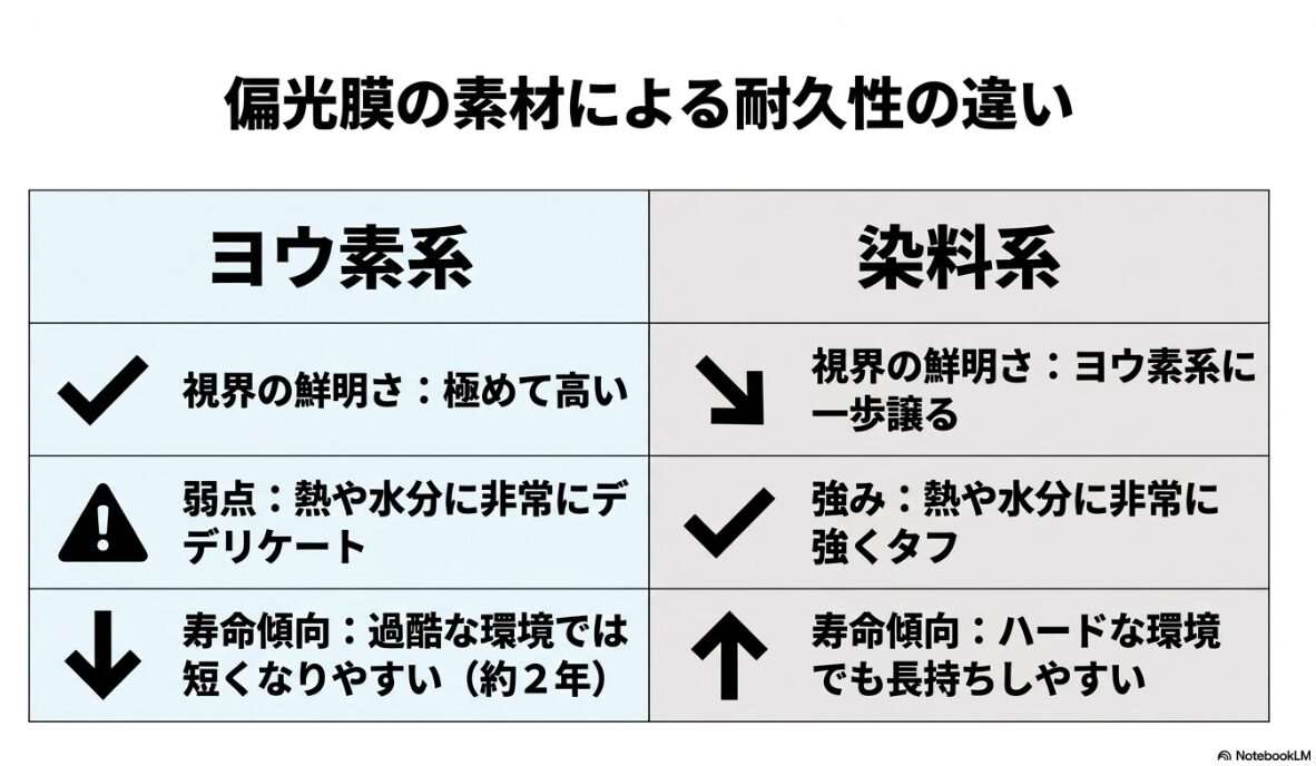 偏光 レンズ 寿命　製造方式による耐久性の違い