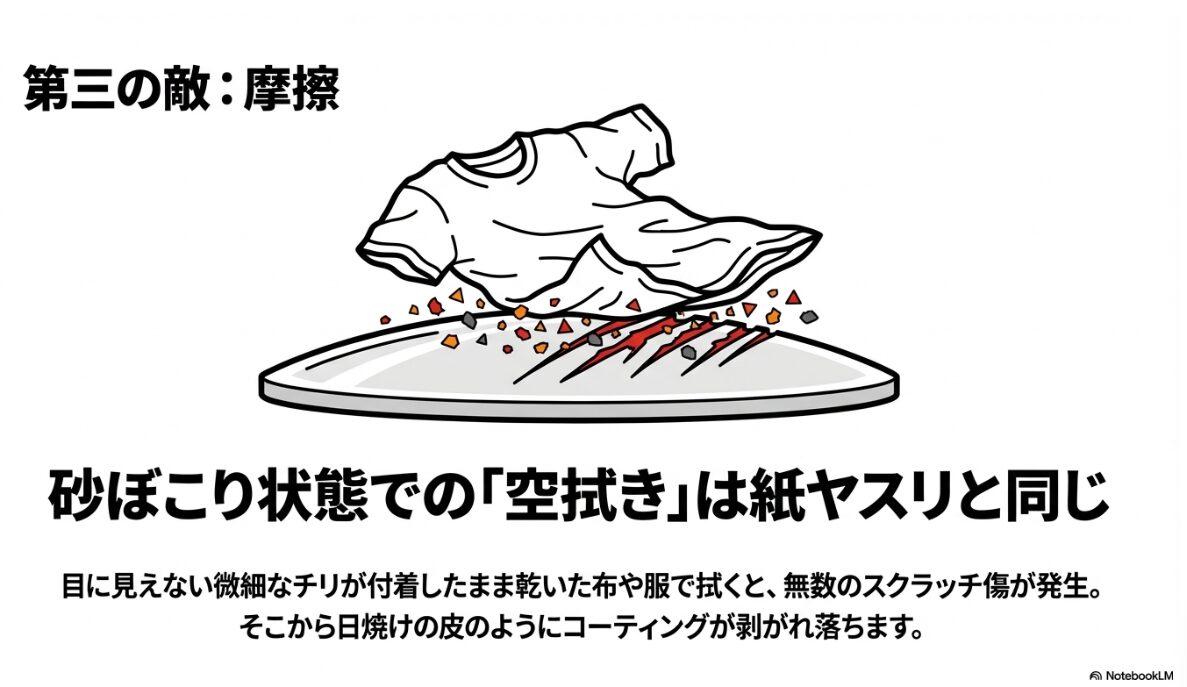 偏光 レンズ 寿命　物理的摩擦：空拭きによるスクラッチ傷
