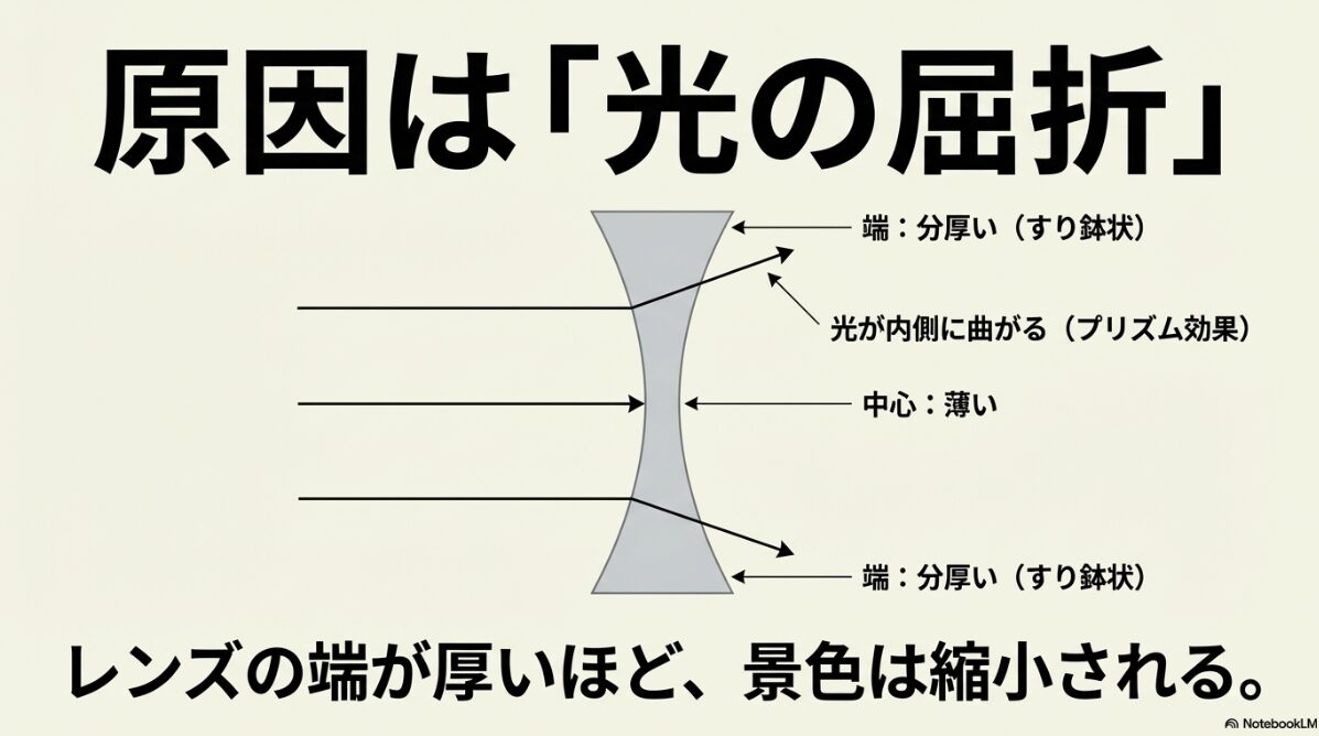 眼鏡 目が小さくなる レンズ 薄く　光を内側に曲げるプリズム効果の正体