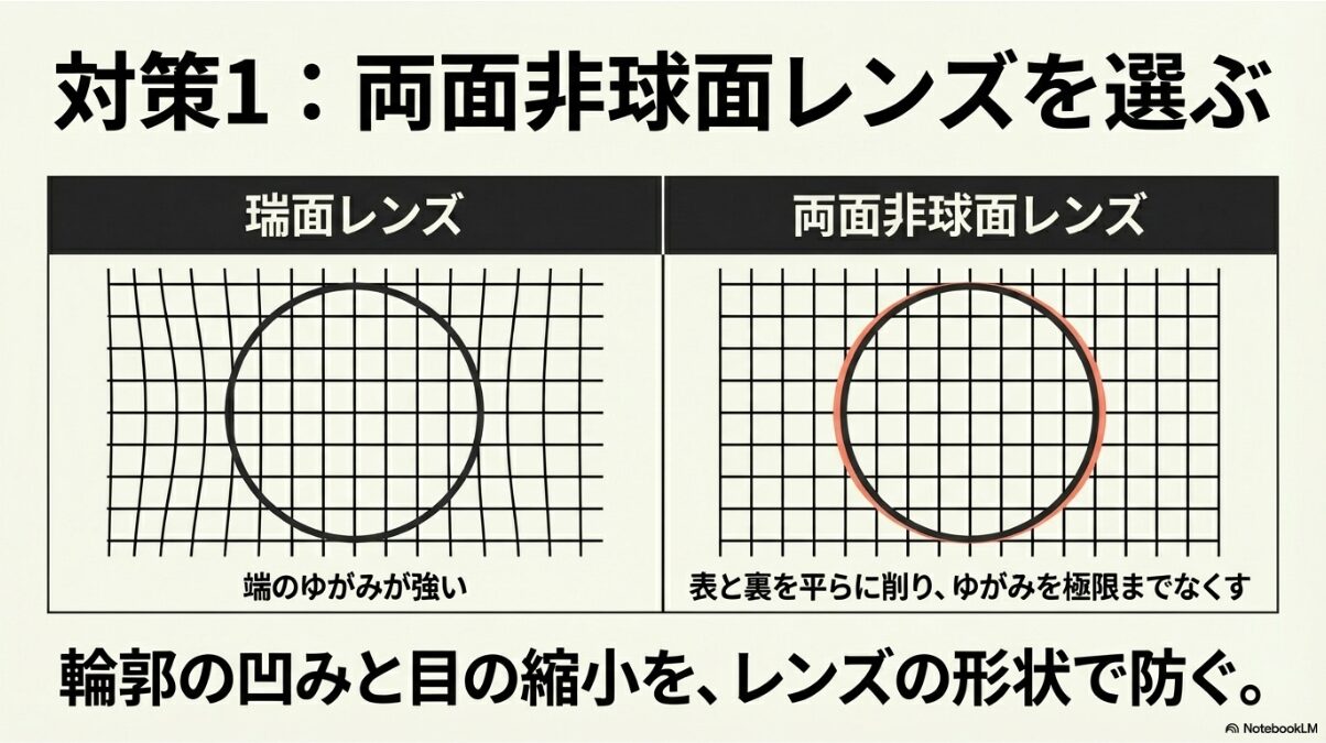 眼鏡 目が小さくなる レンズ 薄く　レンズのグレードによる歪みの違い