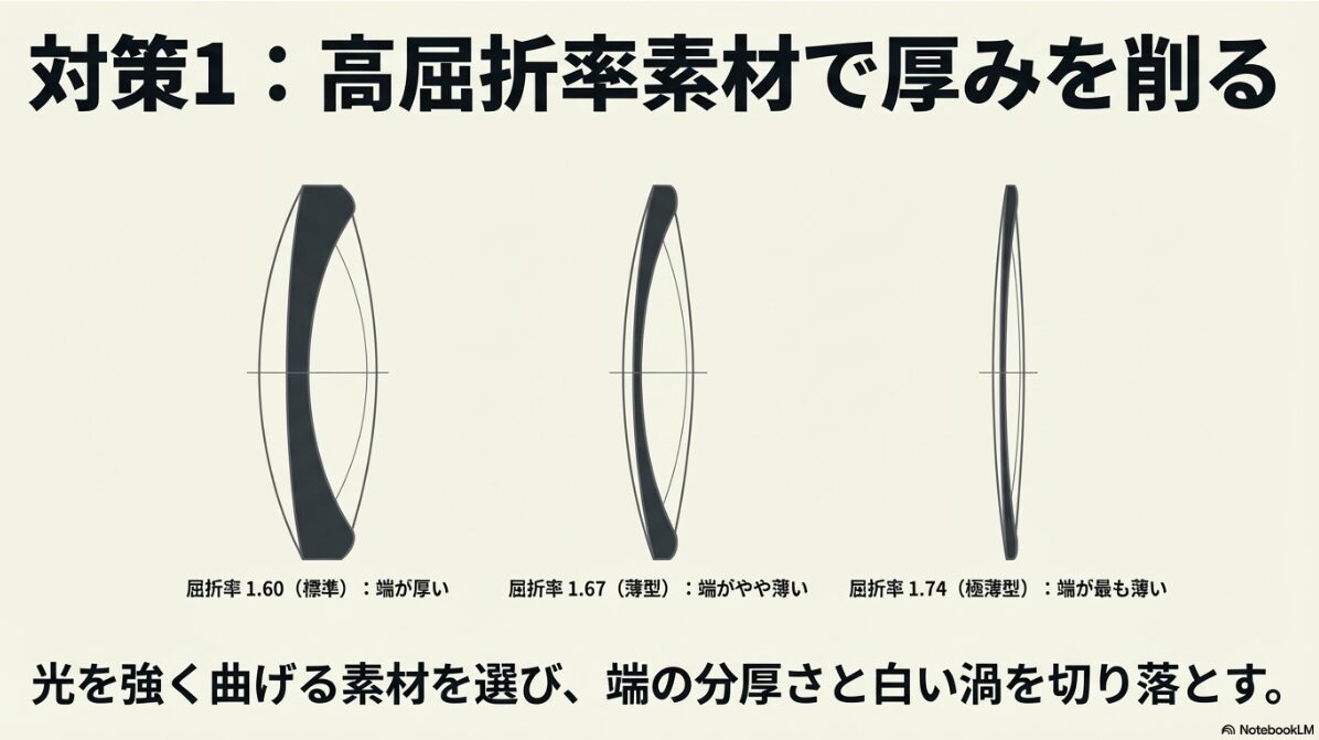 眼鏡 目が小さくなる レンズ 薄く　レンズのフチの厚みと白い渦を抑え込む