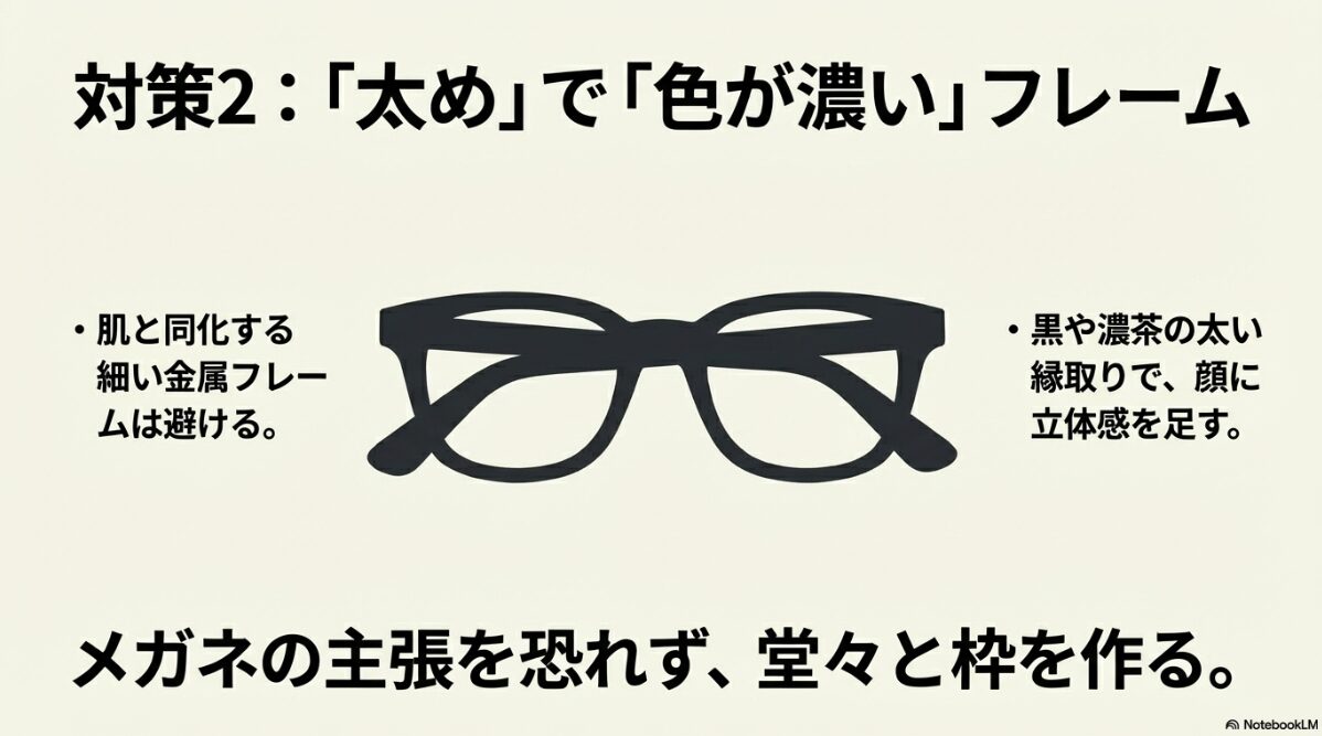 眼鏡 目が小さくなる レンズ 薄く　外枠を強調して中の目をパッチリ見せる