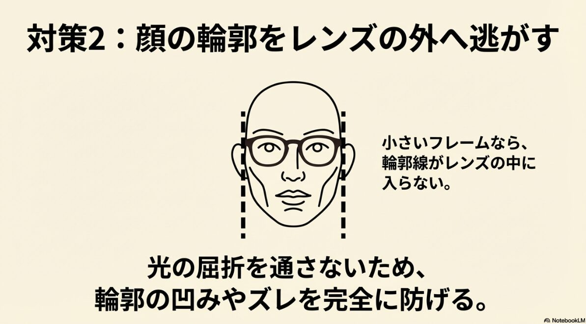 眼鏡 目が小さくなる レンズ 薄く　フェイスラインをレンズの外へ逃がす最適解