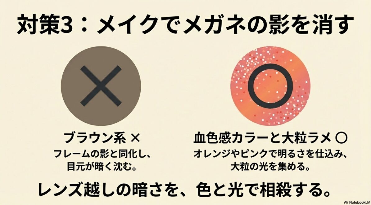 眼鏡 目が小さくなる レンズ 薄く　血色感カラーと大粒グリッターで光を集める