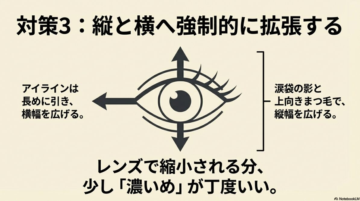眼鏡 目が小さくなる レンズ 薄く　アイラインで横幅を限界まで広げる