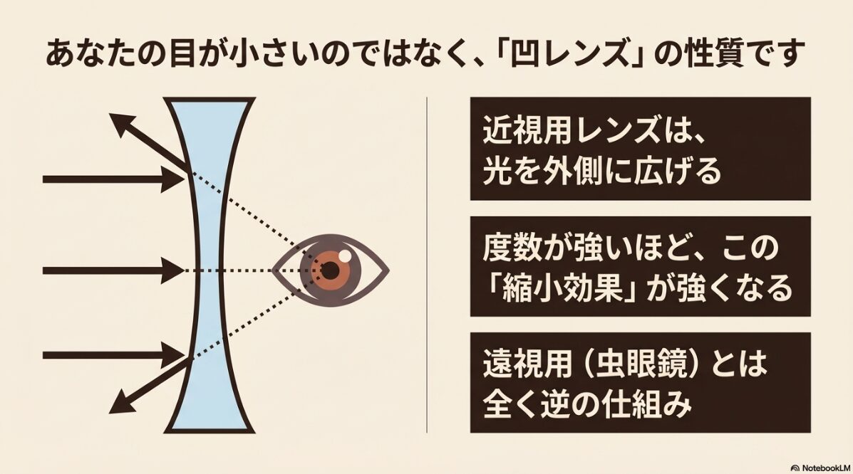JINS 目が小さく ならない レンズ 口コミ　凹レンズと虫眼鏡の光学的違いとは