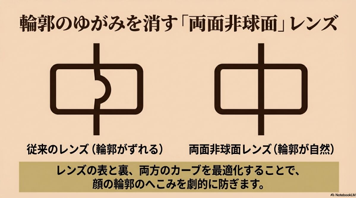 JINS 目が小さく ならない レンズ 口コミ　両面非球面レンズで輪郭の歪みを防ぐ