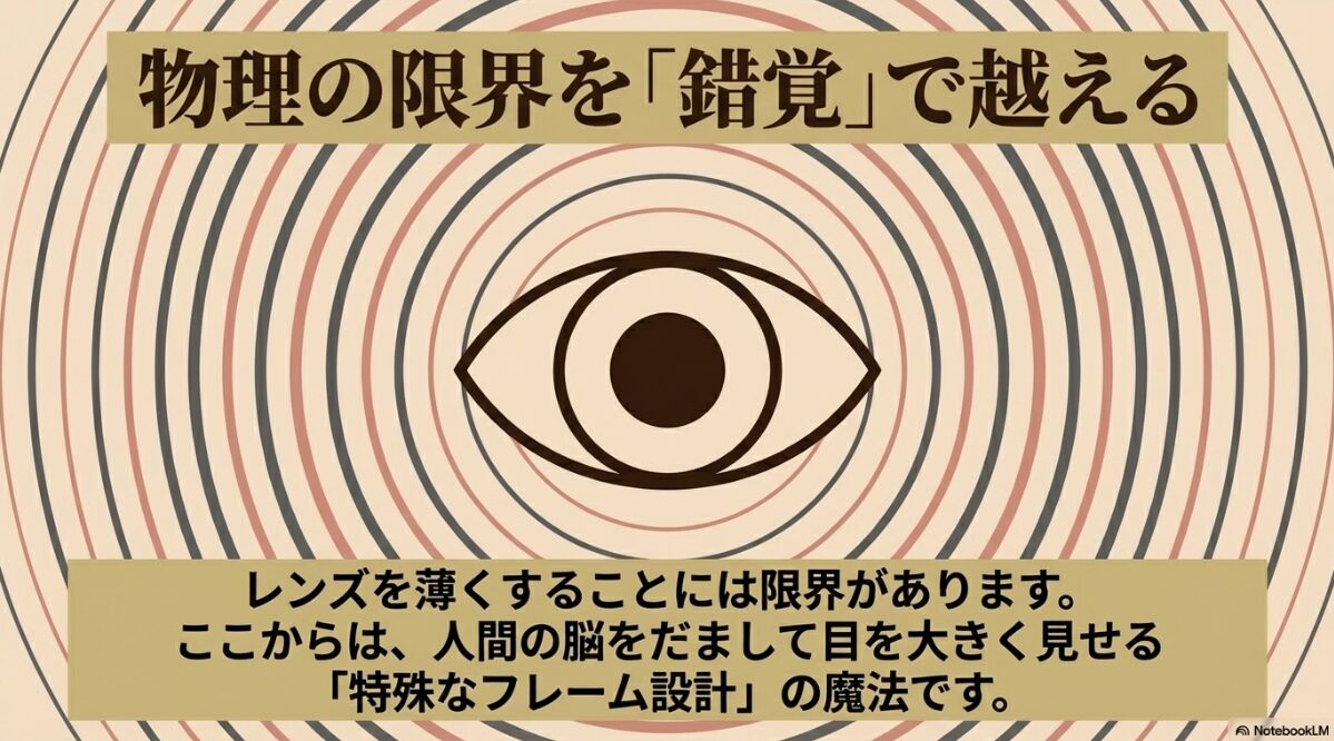 JINS 目が小さく ならない レンズ 口コミ　めがちい専用フレームの錯視効果