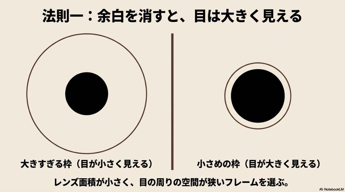 JINS 目が小さく ならない レンズ 口コミ　エビングハウス錯視を利用した余白の排除