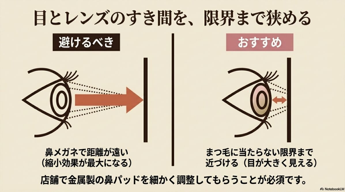 JINS 目が小さく ならない レンズ 口コミ　店舗でのフィッティングによる調整