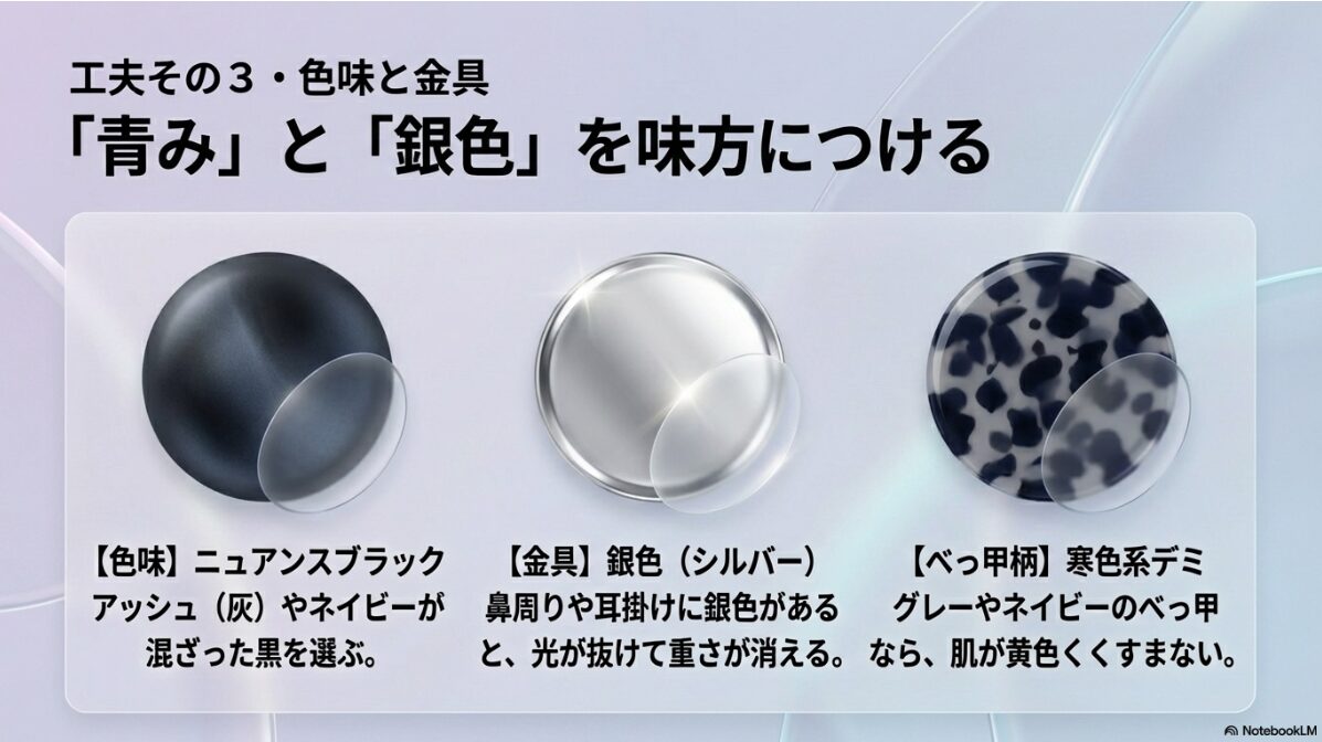 ブルベ 夏 メガネ　黒　寒色系のべっ甲で抜け感を作る