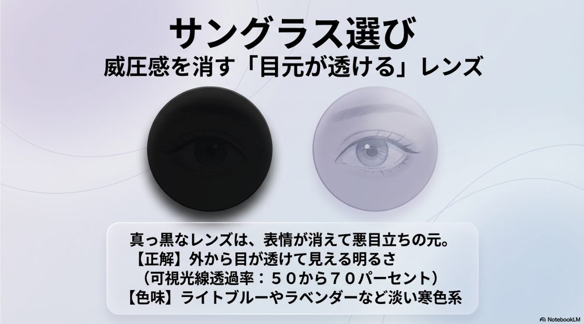 ブルベ 夏 メガネ　黒　サングラスはレンズ透過率が鍵