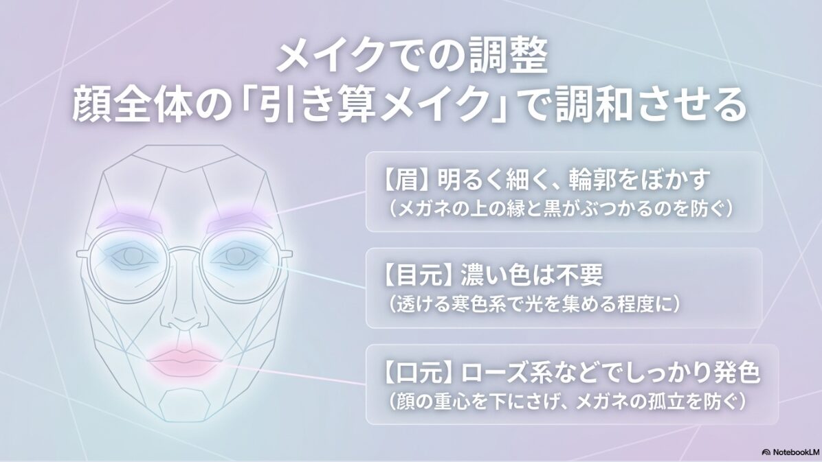 ブルベ 夏 メガネ　黒　引き算メイクで全体の調和を図る