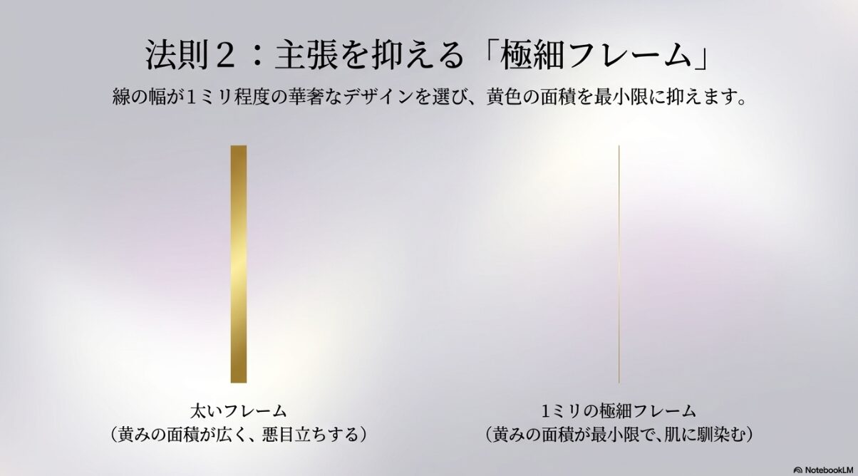 ブルベ 夏 メガネ　ゴールド　フレームの形は線幅が極細のものを推奨