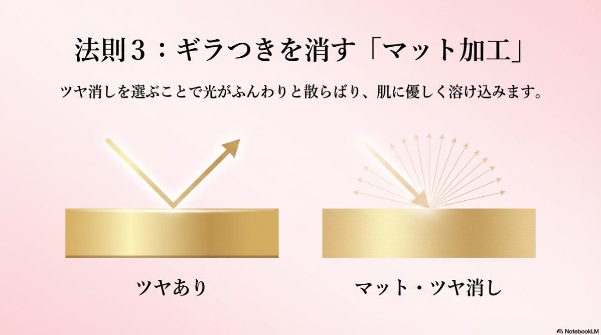 ブルベ 夏 メガネ　ゴールド　艶を抑えたマットな質感で肌馴染みアップ