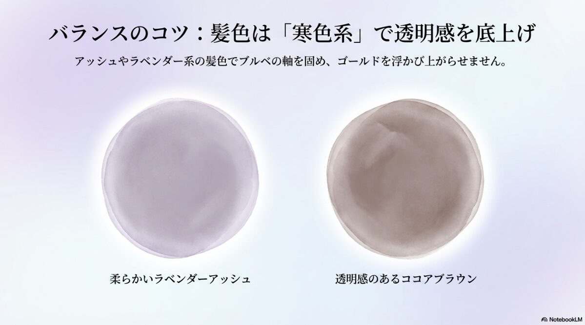 ブルベ 夏 メガネ　ゴールド　似合う髪色は寒色系でトータルバランスを