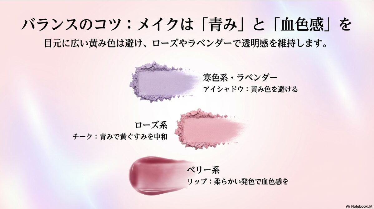 ブルベ 夏 メガネ　ゴールド　アイメイクの黄みを抑えて透明感をキープ