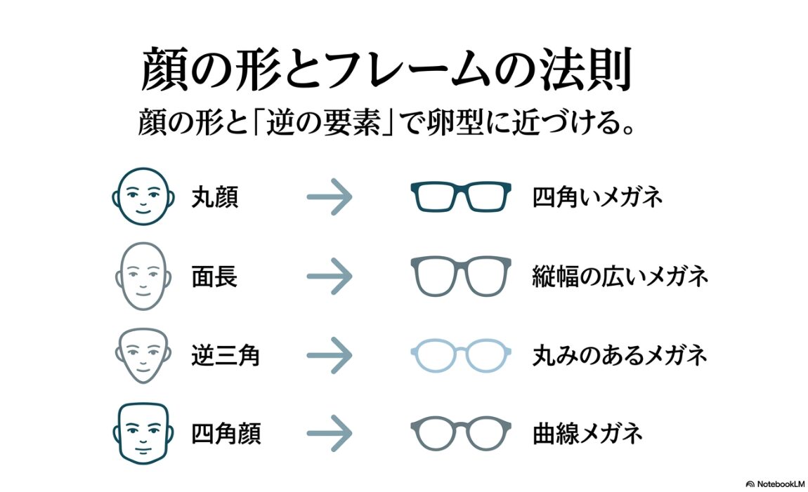 ブルベ 夏 メガネ　色　面長や丸顔を補正するフレームの形