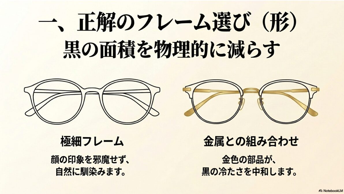 イエベ 春 黒縁 メガネ　似合わせには細フレームと異素材が必須