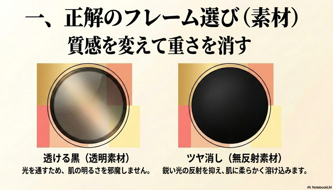 イエベ 春 黒縁 メガネ　クリアフレームで抜け感を演出する選び方