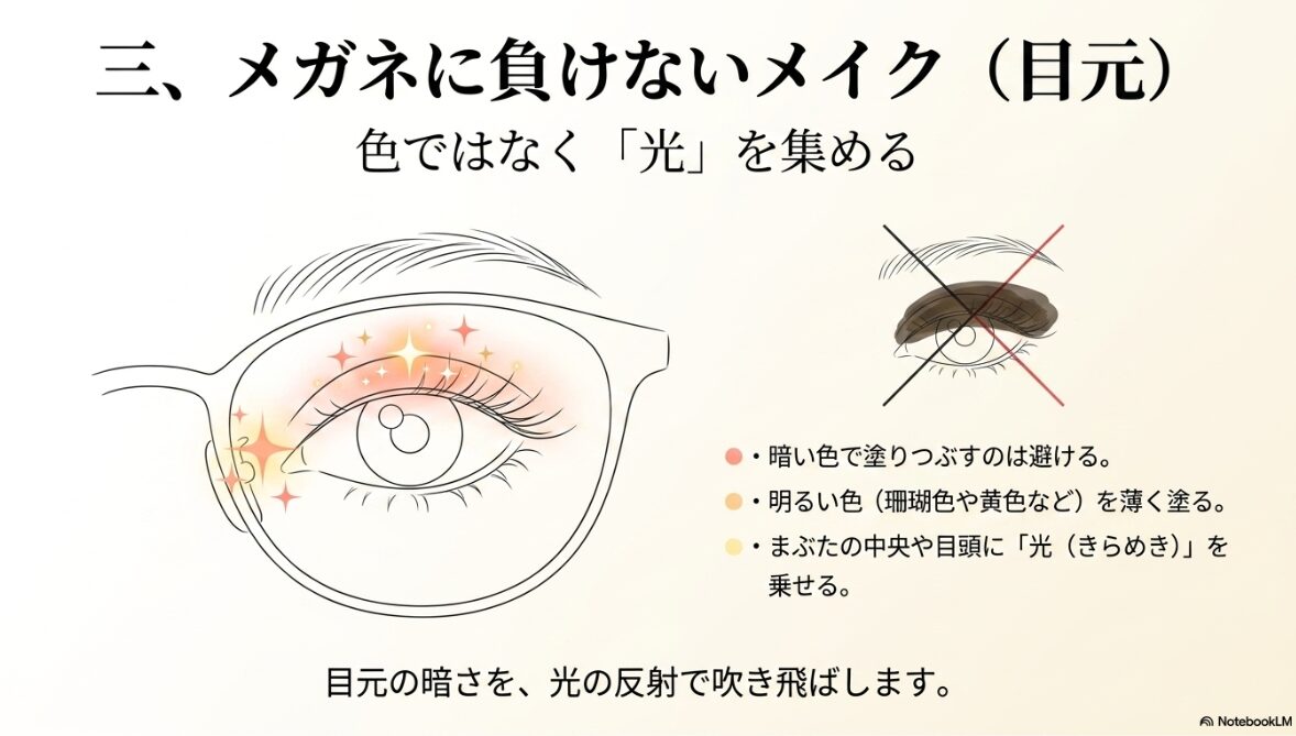 イエベ 春 黒縁 メガネ　アイメイクは色より光で目元を明るくする
