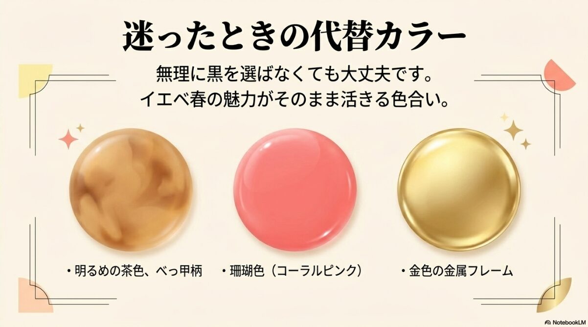 イエベ 春 黒縁 メガネ　迷ったらべっ甲など代替カラーもおすすめ