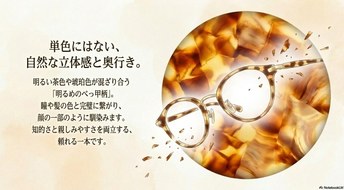 イエベ 春 メガネ 色　べっ甲柄メガネでイエベ春の魅力UP