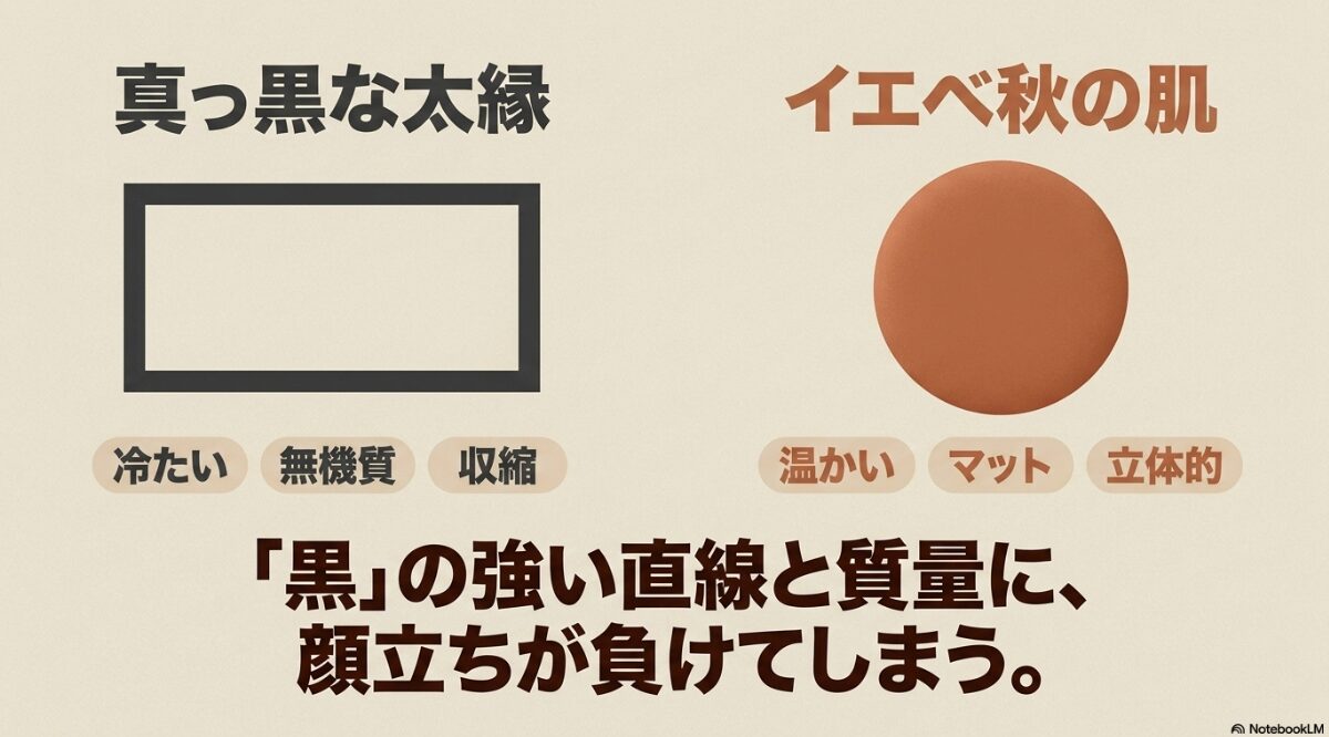 イエベ 秋 黒縁 メガネ　黒縁が似合わない原因とメカニズム