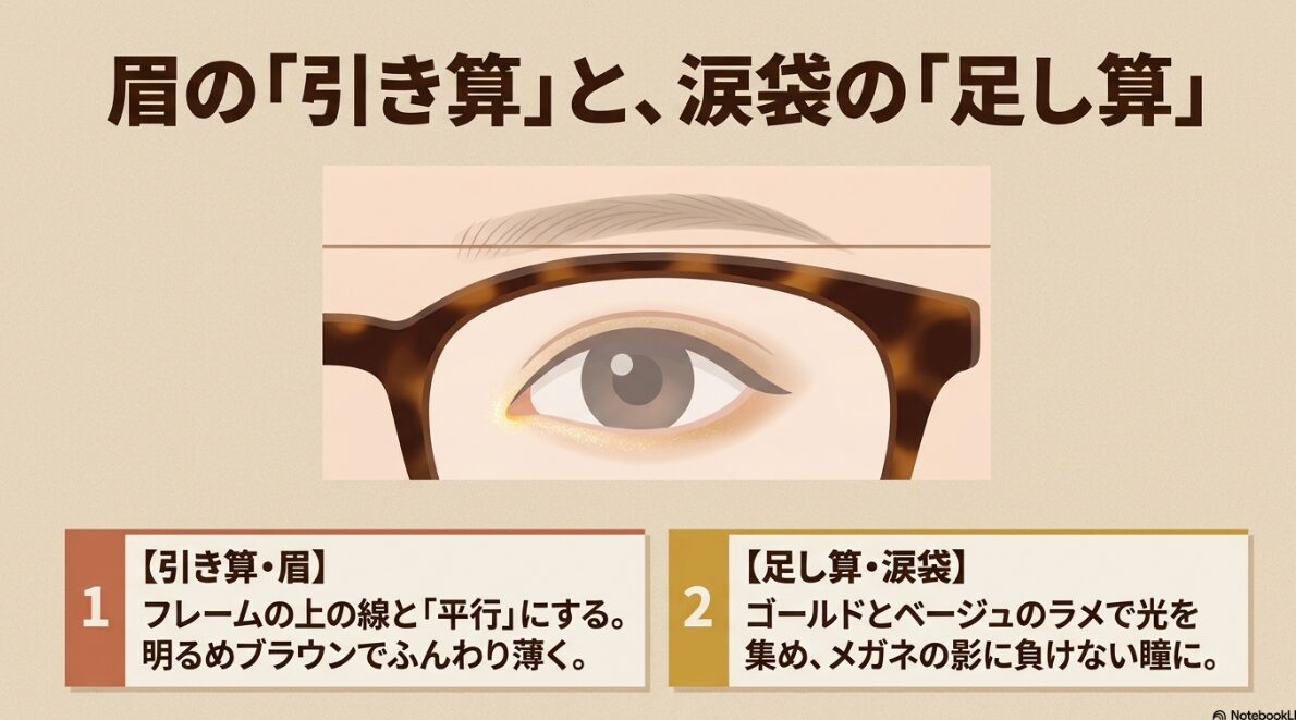 イエベ 秋 黒縁 メガネ　バランスを整えるアイメイク術