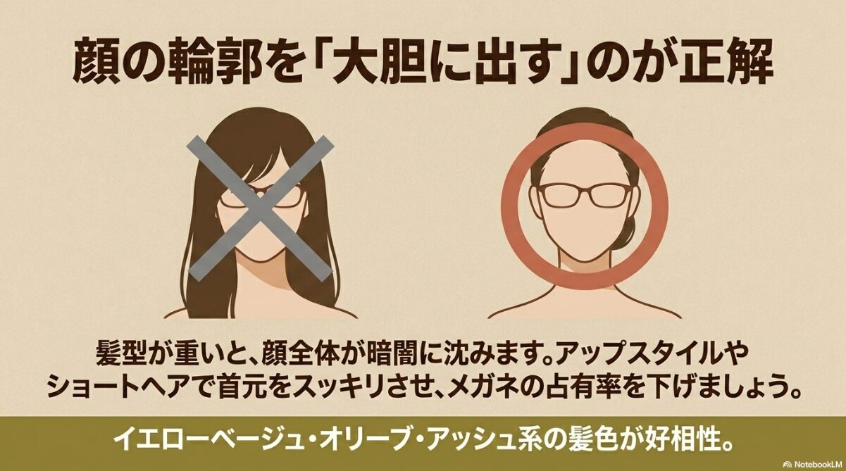 イエベ 秋 黒縁 メガネ　お顔の輪郭を大胆に見せるスタイリングの法則