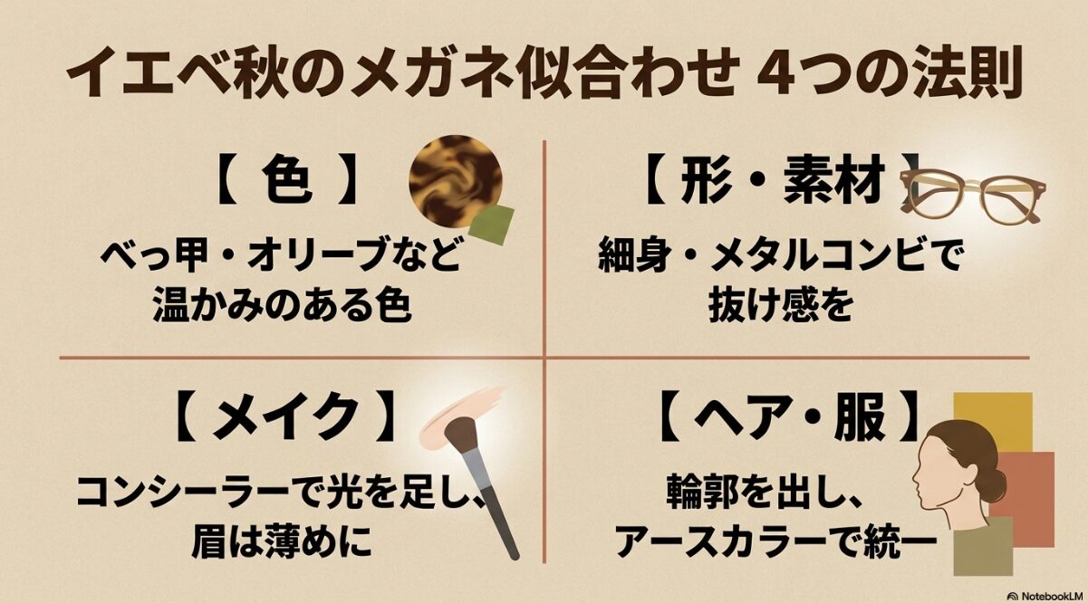 イエベ 秋 黒縁 メガネ　イエベ秋の黒縁メガネ選び完全まとめ