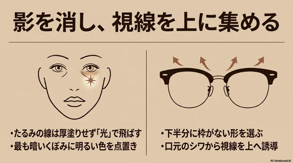 メガネ　メイク　たるみやほうれい線を隠す選び方