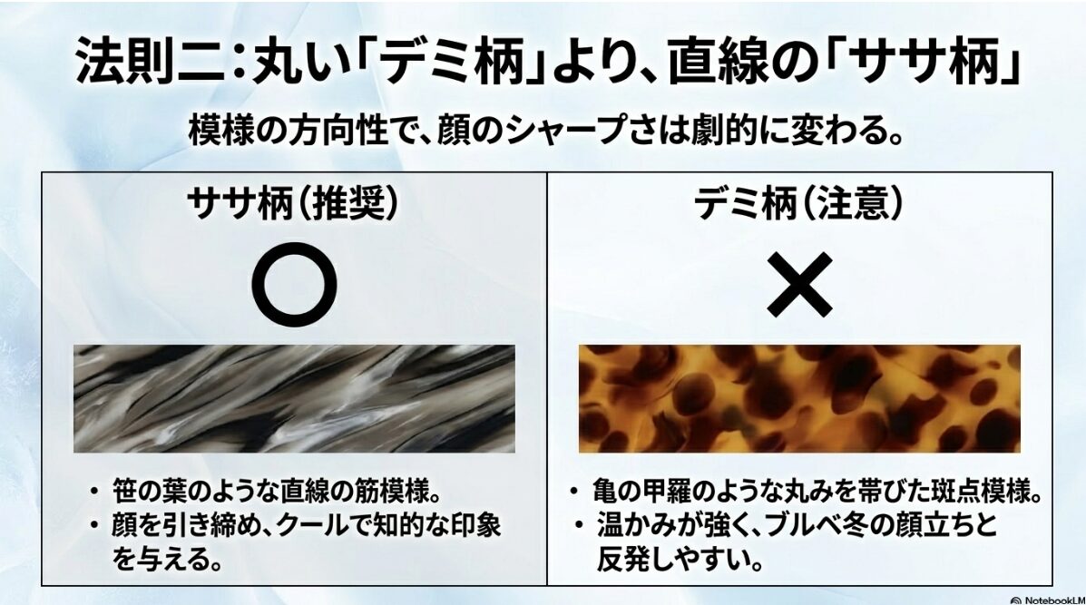 ブルベ 冬 メガネ べっ甲　べっ甲ササ柄の違いと似合う色