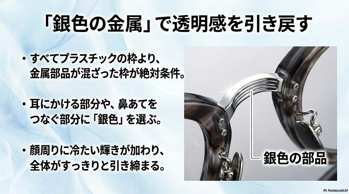 ブルベ 冬 メガネ べっ甲　クリアベースとコンビネーション構造で抜け感を作る