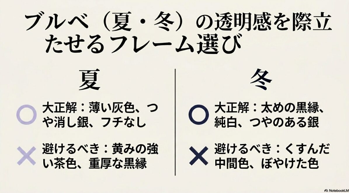 パーソナルカラー　メガネ　ブルベ夏に調和する透明感カラー