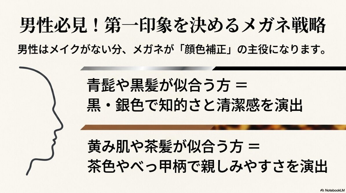 パーソナルカラー　メガネ　メンズ向けの色と顔パーツの戦略