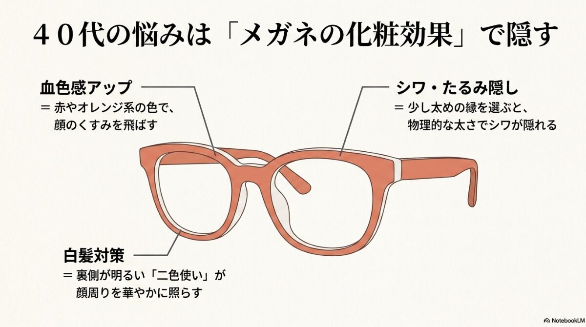 パーソナルカラー　メガネ　40代の肌悩みをカバーする選び方