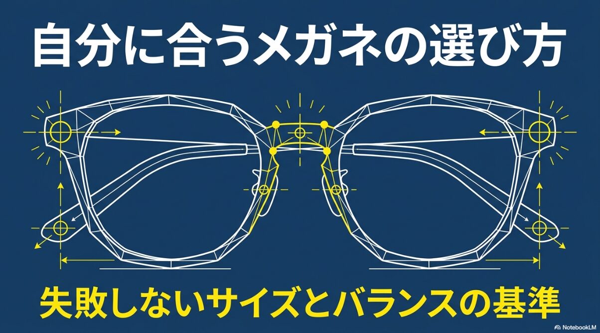 ワイヤーフレームで描かれたメガネの構造と、サイズ・バランスの基準を示す図解
