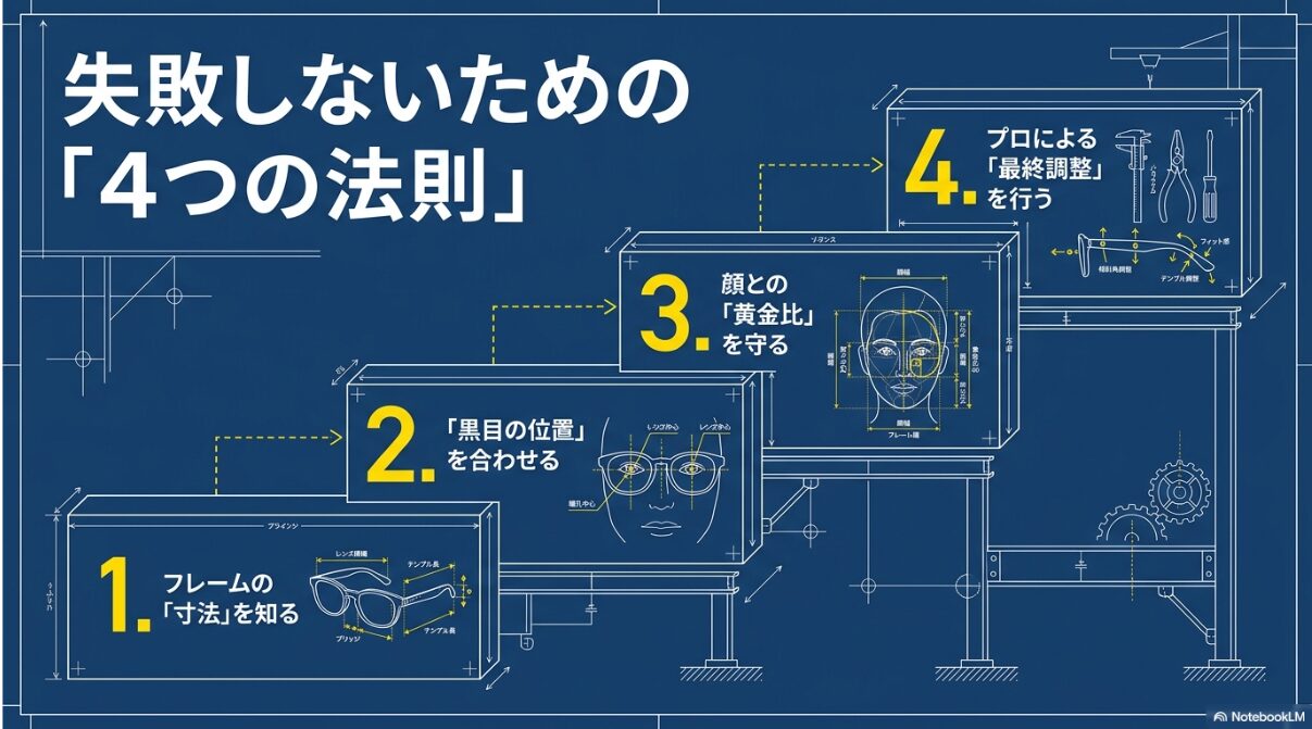 メガネ選びで失敗しないための「フレーム寸法の把握」「黒目位置の調整」「顔との黄金比」「プロによる最終調整」という4つの法則